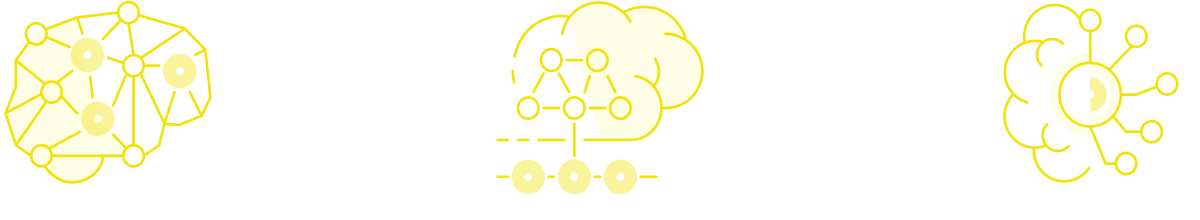 Ilustração de três cérebros biónicos representando Machine Learning e Inteligência Artificial