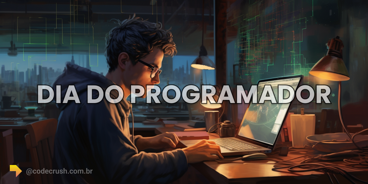 Jovem programador em seu ambiente de conforto, sentado de frente a um notbook onde é exibido todo o código desenvolvido por ele