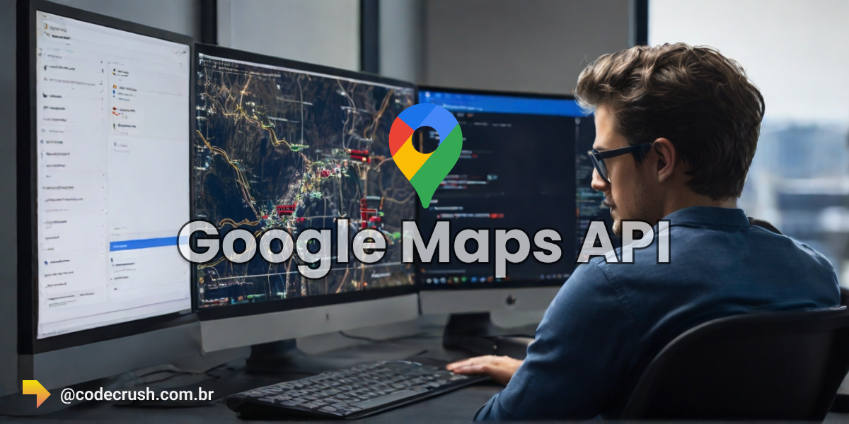 Logo do google maps api com uma tela usando a api e uma pessoa programando usando a api do google maps