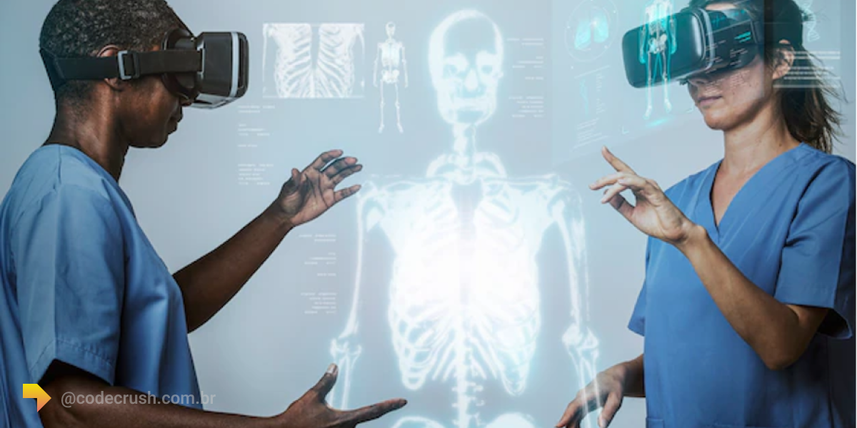 dois médicos demonstrando o uso do óculos de realidade virtual