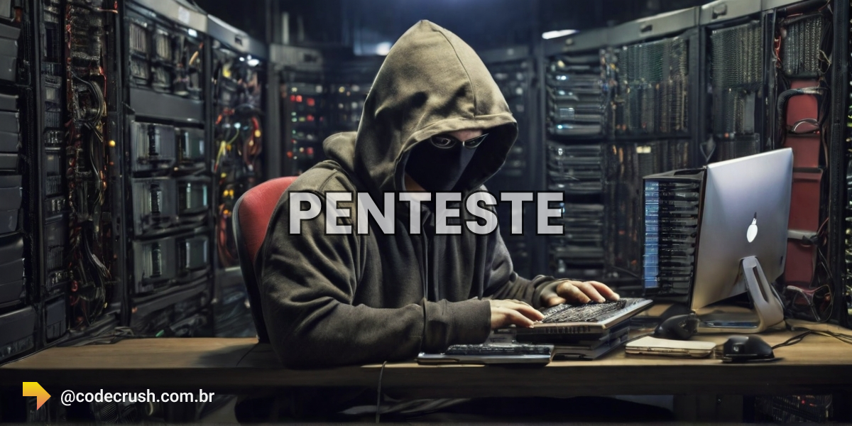 imagem de um programador hacker disfarçado, fazendo analogia a um ato de acesso a um banco de servidores como pentester