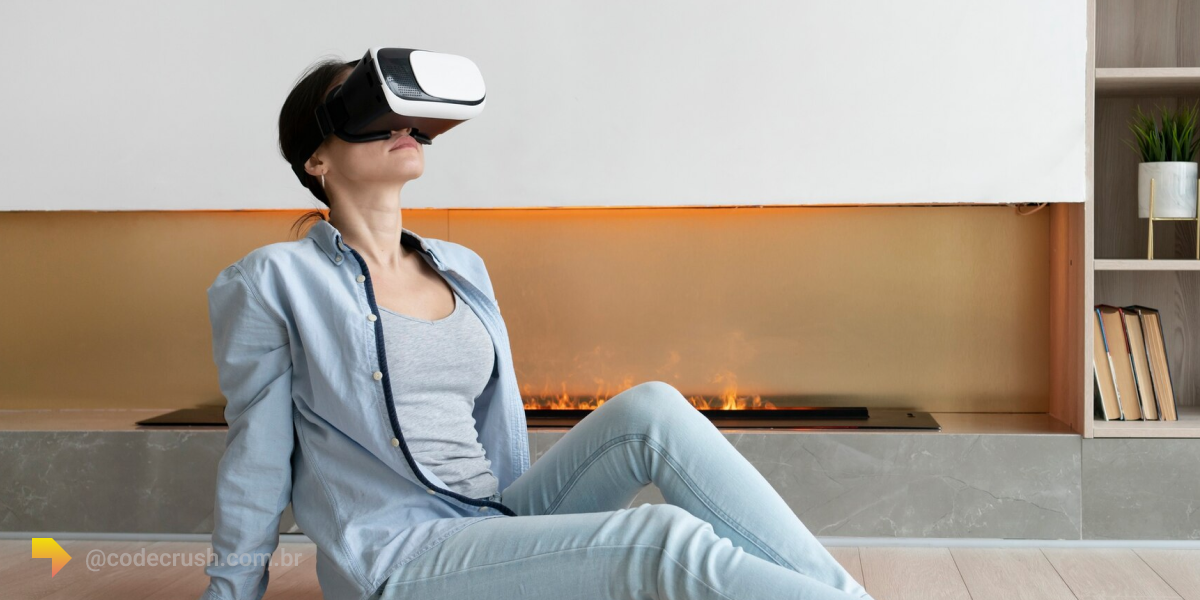 mulher deitada em sua sala com óculos de realidade virtual relaxando