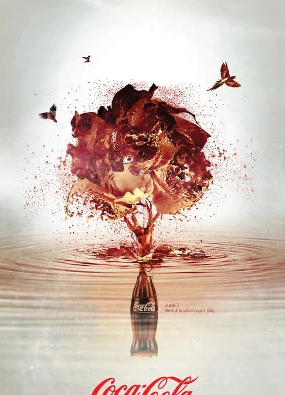 Coca-Cola Key Visual with trees and birds emerging from the water on Environment Day