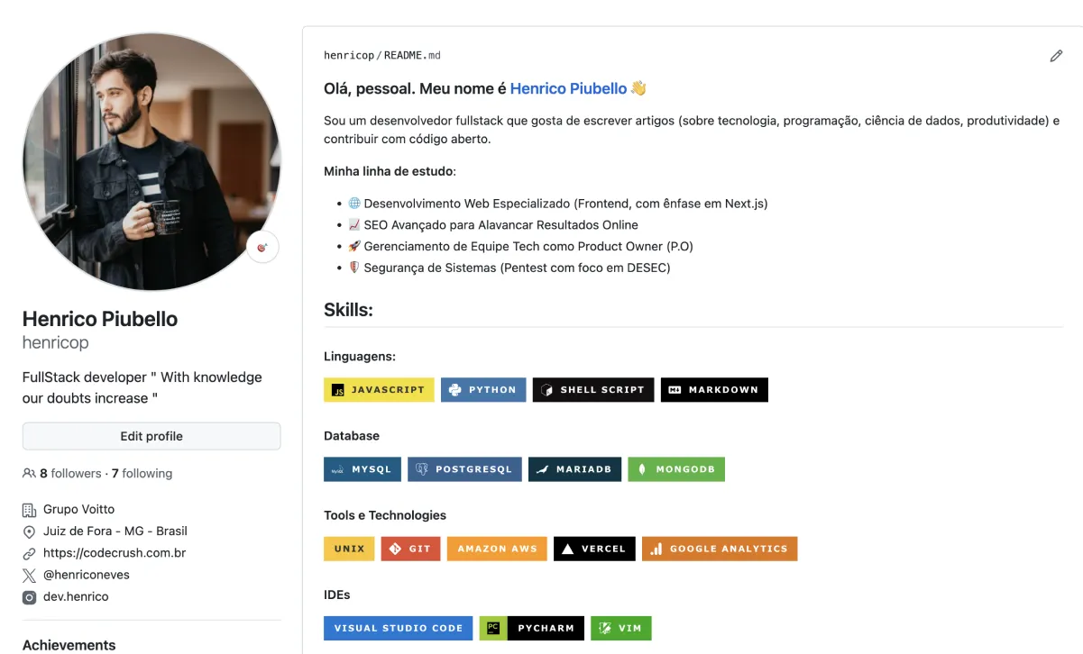 Exemplo de README de perfil do GitHub do desenvolvedor Henrico