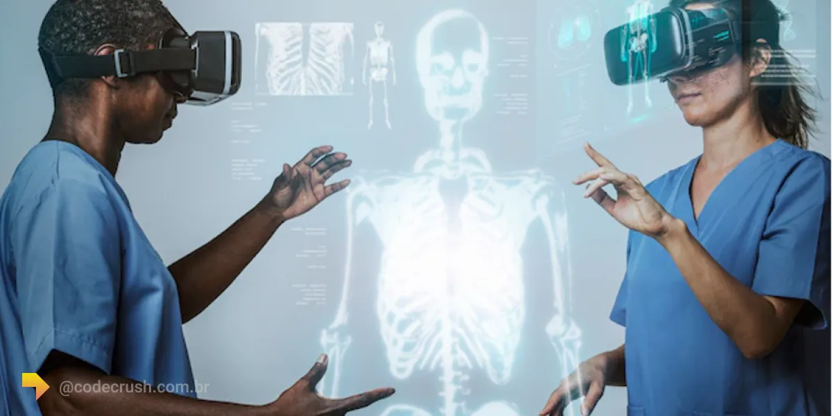 Two doctors demonstrate virtual reality glasses with artificial intelligence in medicine
