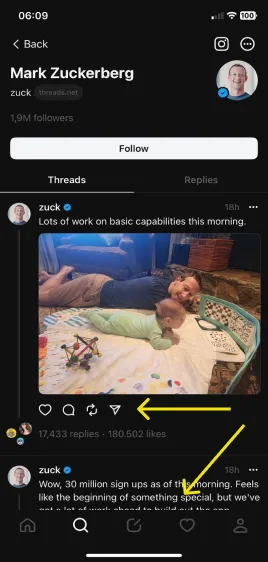 Mark Zuckerberg's profile in the Threads app, with a photo of him lying on the floor next to his son