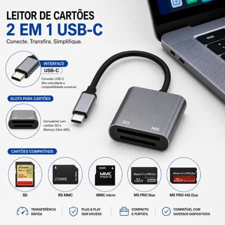 Leitor USB-C para Memory Stick Pro Duo Compatível Com iPhone 15 iPad MacBook E Android OTG