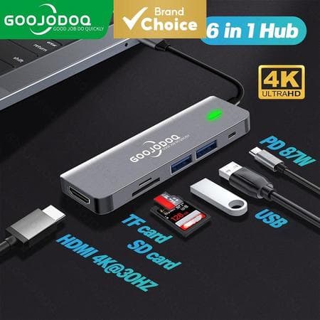 Goojodoq Adaptador Hub USB-C 6 em 1: USBC para USB 3.0, HDMI, PD, OTG, Leitor de Cartão 4K TF/SD