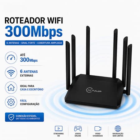 Roteador WiFi 300Mbps 6 Antenas Alto Alcance 2.4GHz 4 Portas LAN Sinal Forte KNUP