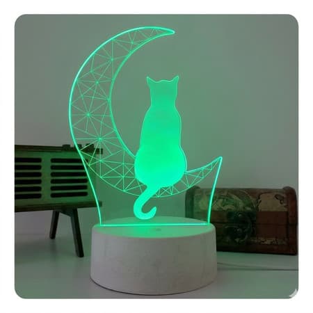 Luminária de Mesa Led 3D RGB Gato na Lua Abajur Decorativo Luz Noturna USB