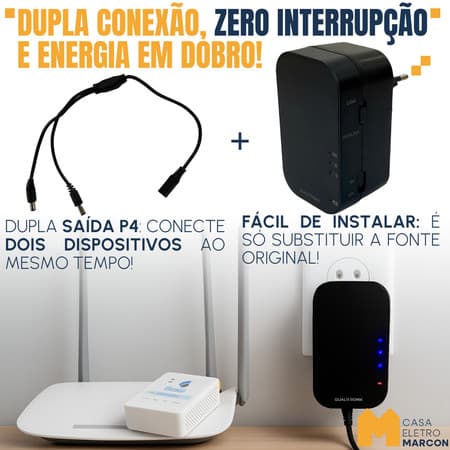 Mini Nobreak Roteador Qualitronix Bivolt 2500mAh Plug P4 9v ou 12v Duplo 1A
