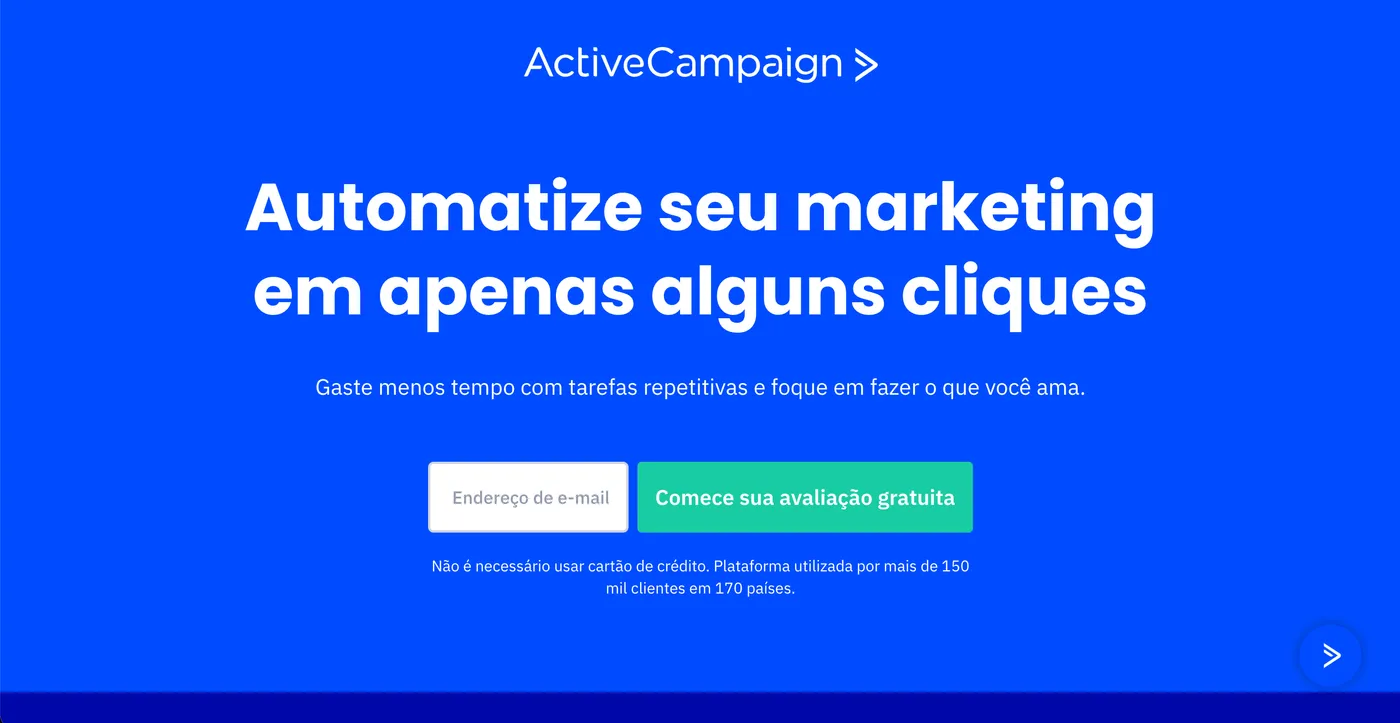 Tela inicial do site oficial do ActiveCampaign, plataforma de automação de marketing e CRM
