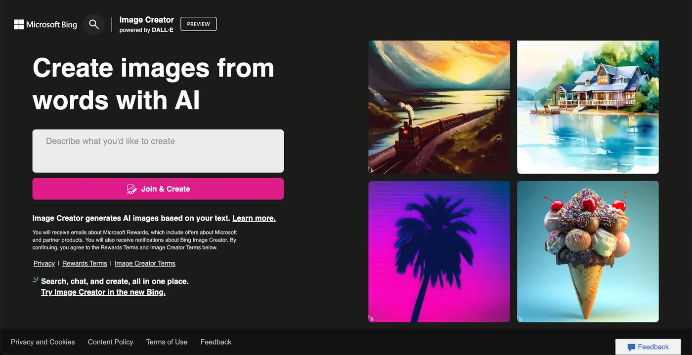 Página inicial do Bing Image Creator para gerar imagens gratuitas com DALL-E 3