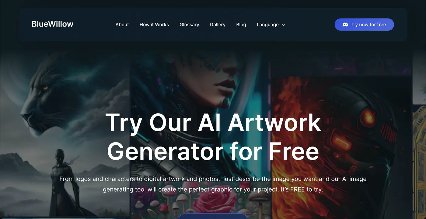 Página inicial do BlueWillow, gerador gratuito de arte com inteligência artificial