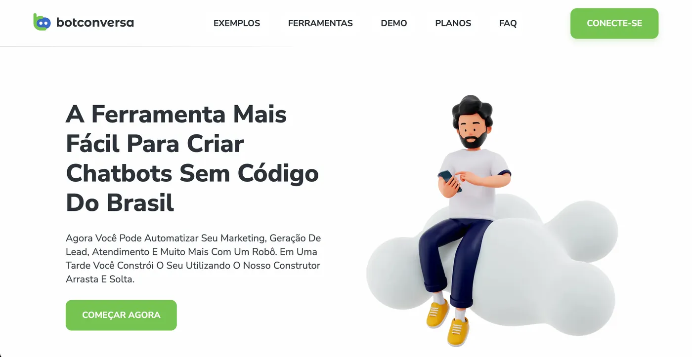 Tela inicial do site oficial do BotConversa, chatbot brasileiro para WhatsApp