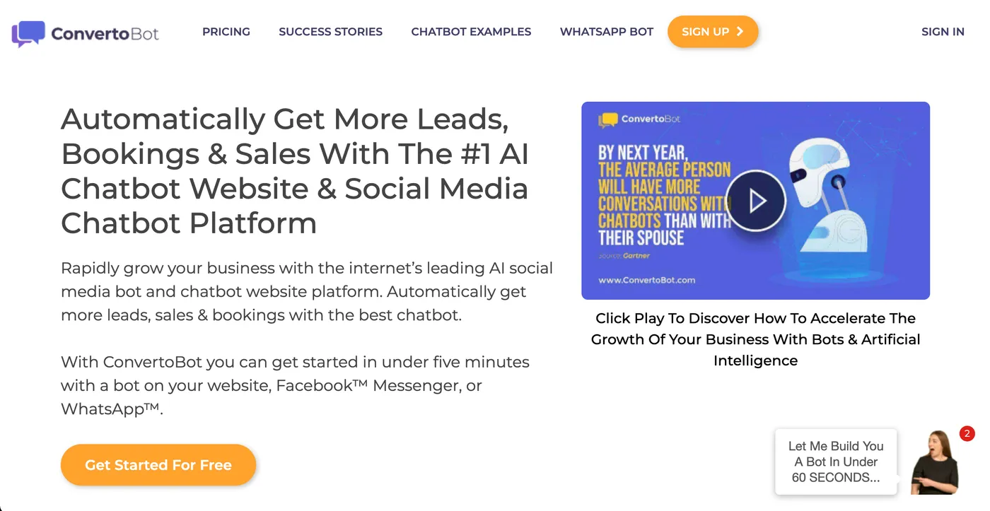 Tela inicial do site oficial do ConvertoBot, plataforma de chatbots com inteligência artificial