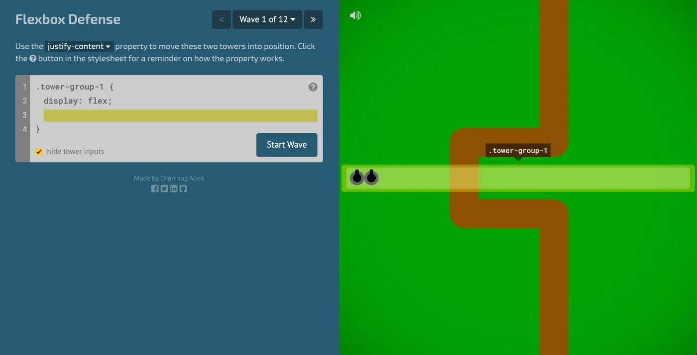 Tela inicial do jogo Flexbox Defense, tower defense de CSS Flexbox