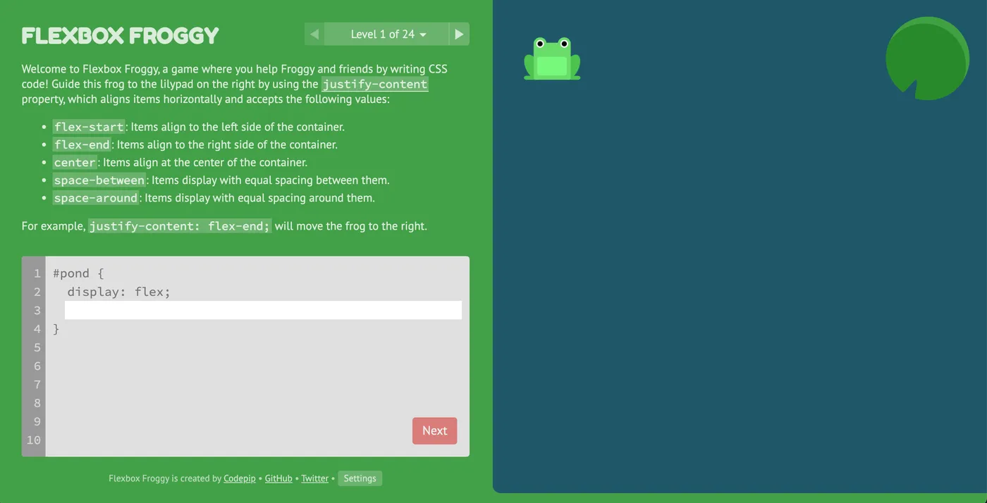 Tela inicial do jogo Flexbox Froggy para aprender CSS Flexbox