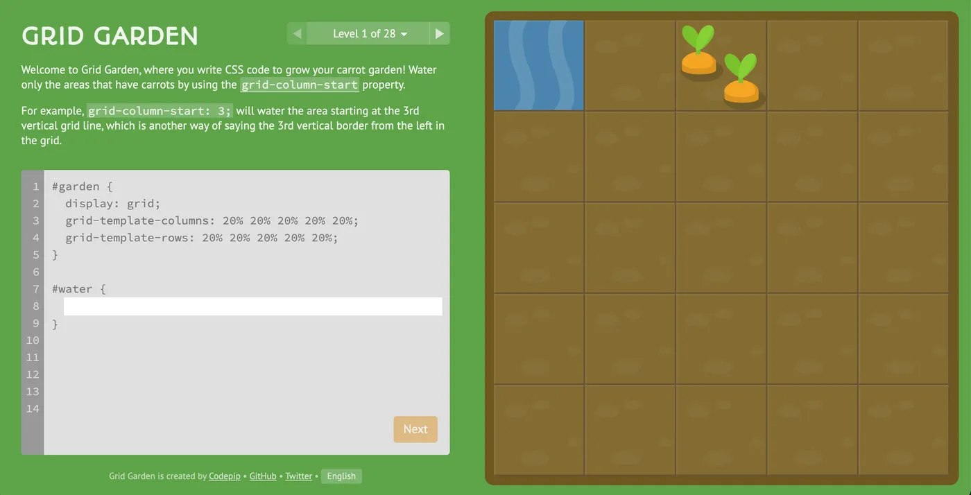Tela inicial do jogo CSS Grid Garden para aprender CSS Grid