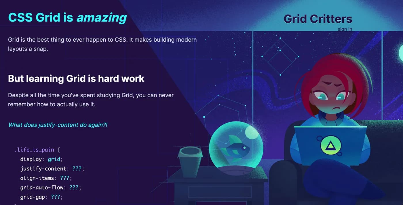 Tela inicial do jogo Grid Critters para dominar o CSS Grid