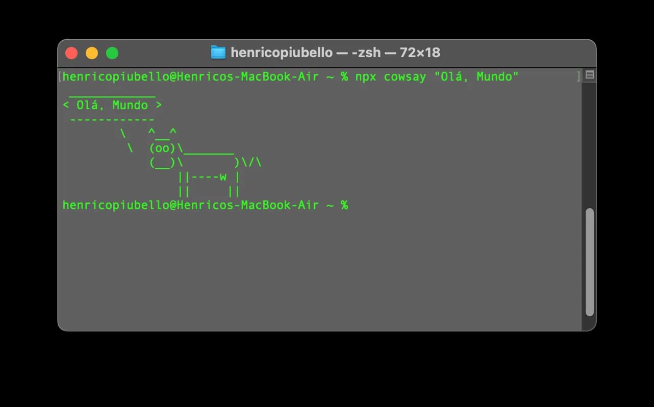 Vaca ASCII do Cowsay exibindo a mensagem Olá Mundo no terminal