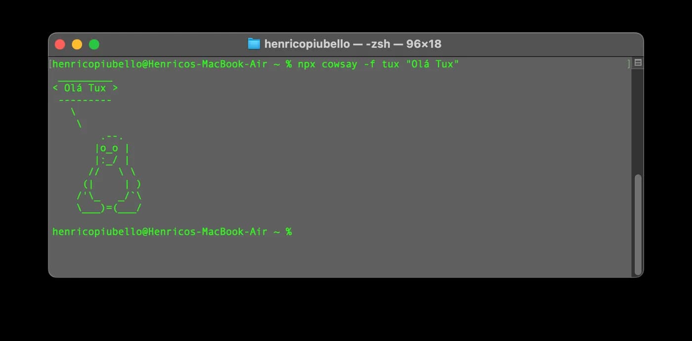 Pinguim Tux desenhado pelo Cowsay com a flag -f no terminal