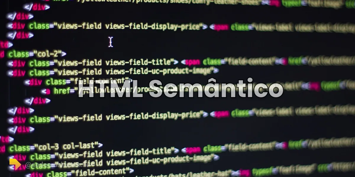Tela de código HTML semântico com tags header, nav e article destacadas