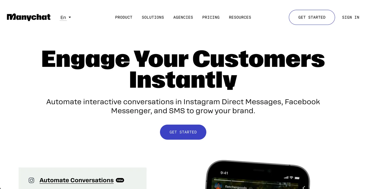 Tela inicial do site oficial do ManyChat, plataforma de chatbots para redes sociais