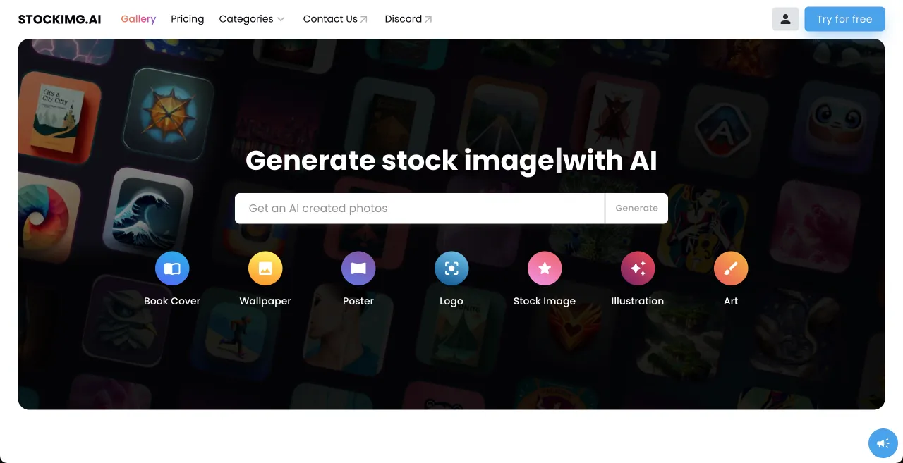 Página inicial da Stockimg AI exibindo exemplos de imagens geradas por inteligência artificial