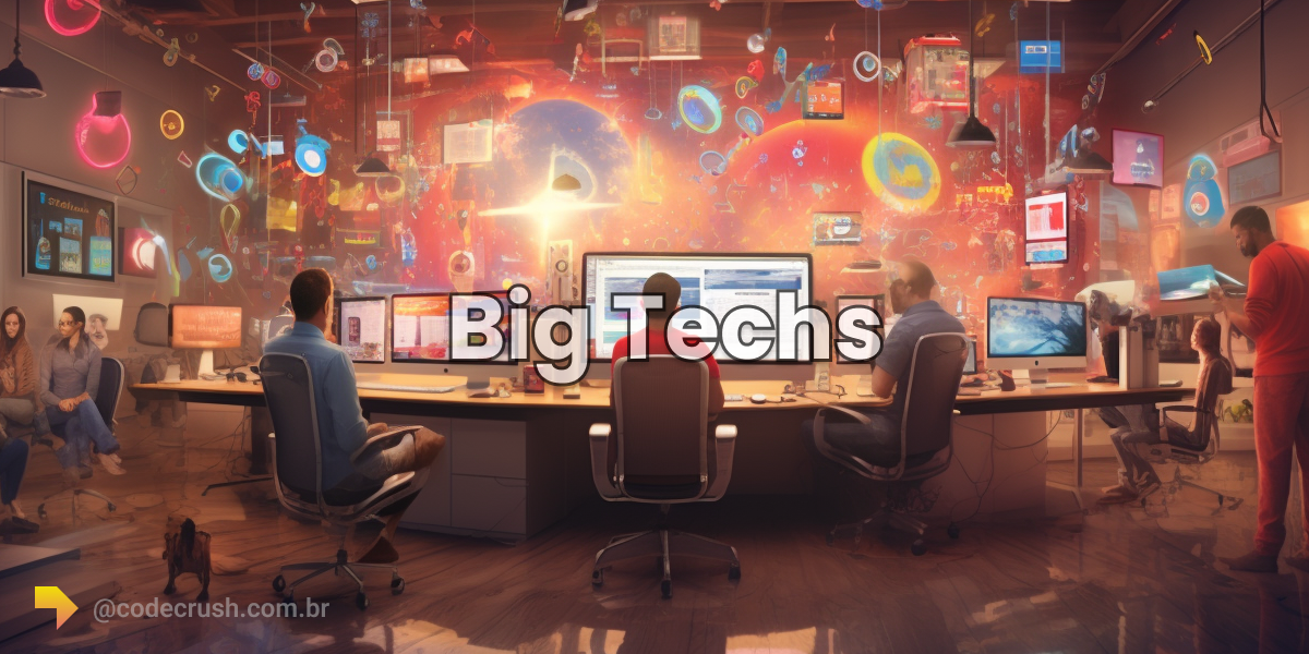 A imagem ilustra profissionais da área de tecnologia trabalhando em uma big tech, todo o ambiente moderno e descontraído