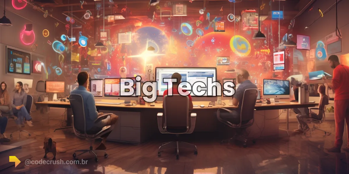 Profissionais de tecnologia trabalhando em uma big tech em ambiente moderno e descontraído