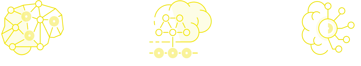 Ilustração de três cérebros biónicos representando Machine Learning e Inteligência Artificial