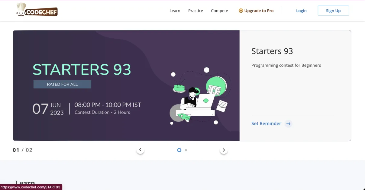 Tela inicial do site CodeChef com desafios mensais e treino de algoritmos