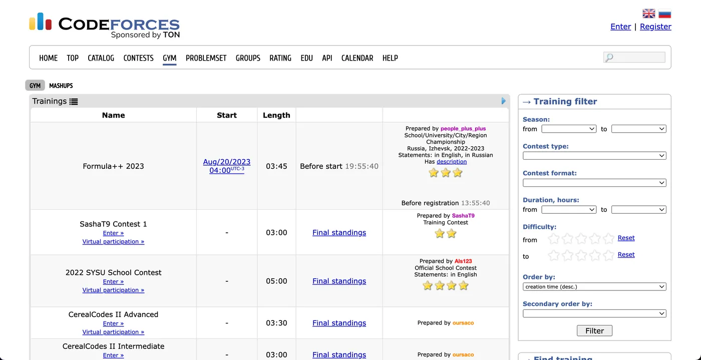 Tela inicial do site Codeforces com competições e ranking de programação competitiva