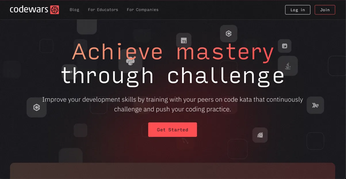 Tela inicial do site Codewars com katas e níveis kyu de desafios de programação