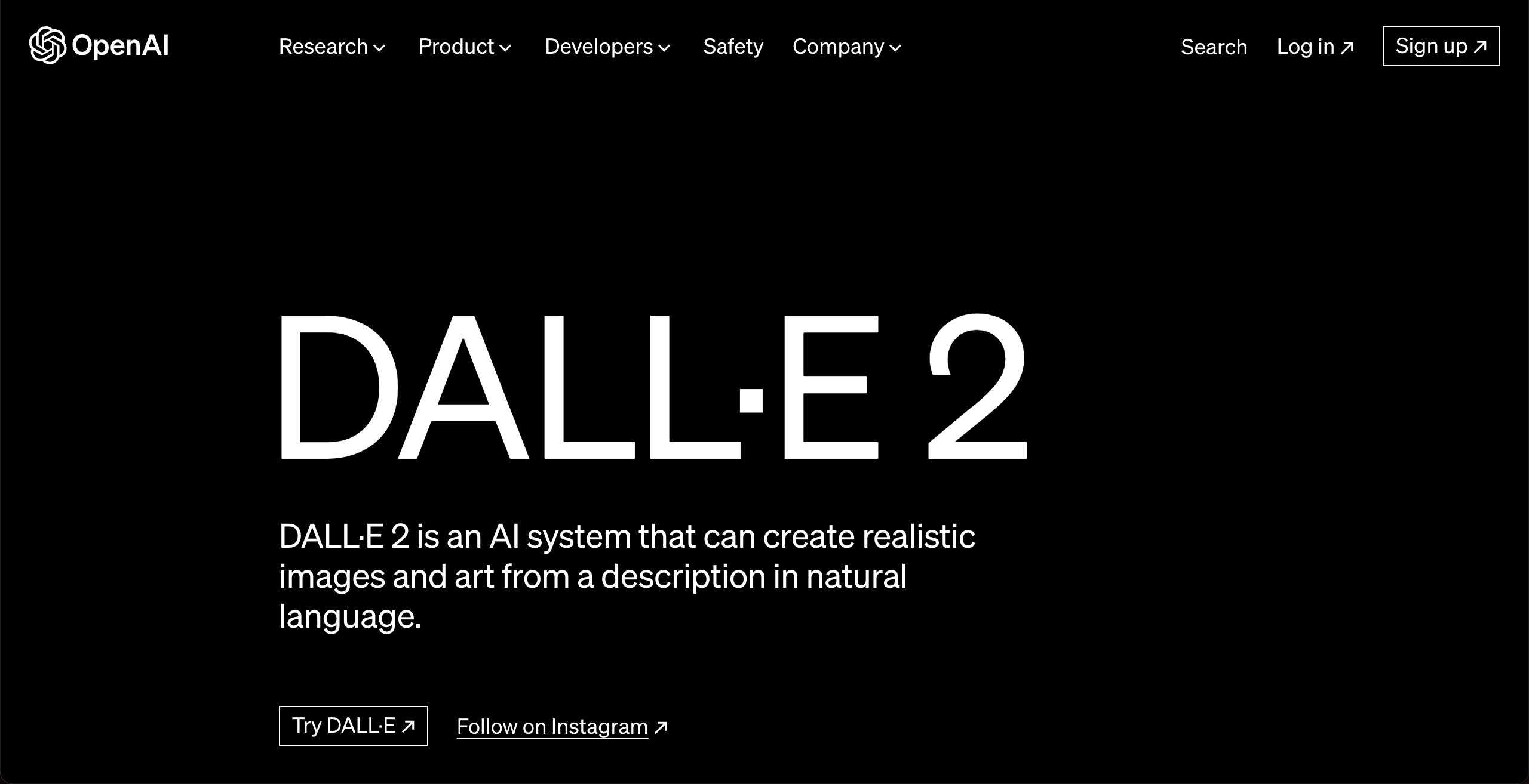 Captura de tela: Página inicial do site do DALL-E elegante e elementos visuais atrativos.