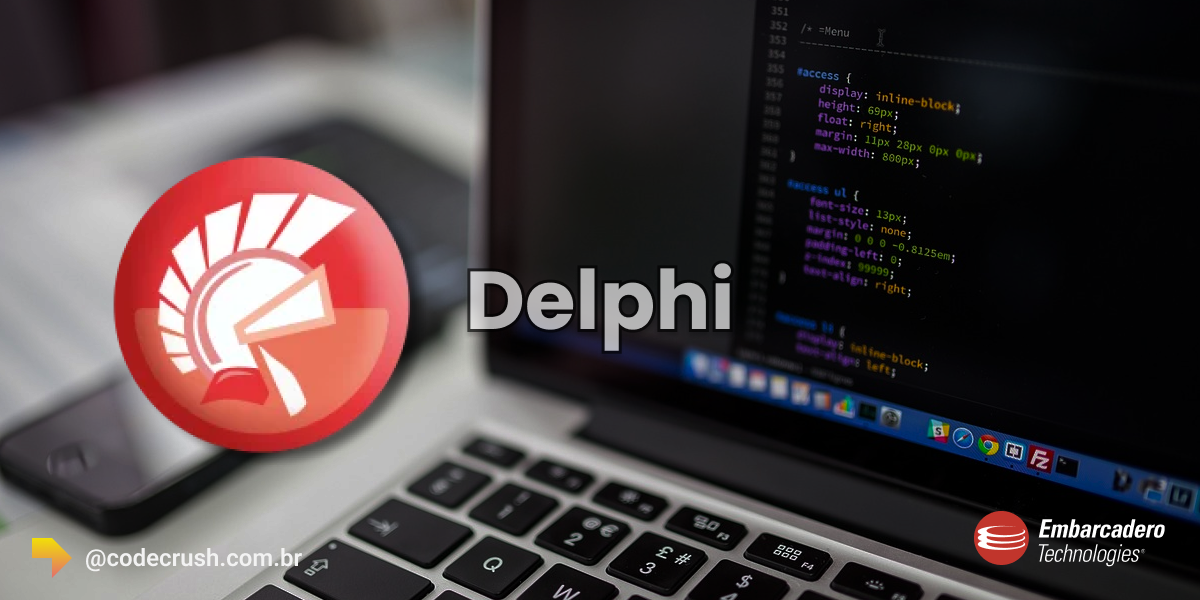 Fundo com um notbook onde há a linguagem de programação delphi bem como os seus respectivos logos