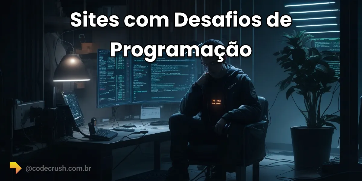 Ambiente escuro com pessoa em cadeira gamer diante de um computador exibindo códigos de desafios de programação
