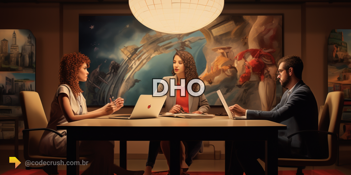 Três profissionais focados estão reunidos em uma mesa de conferência, laptops à frente, em um ambiente dedicado ao DHO - Desenvolvimento Humano Organizacional.