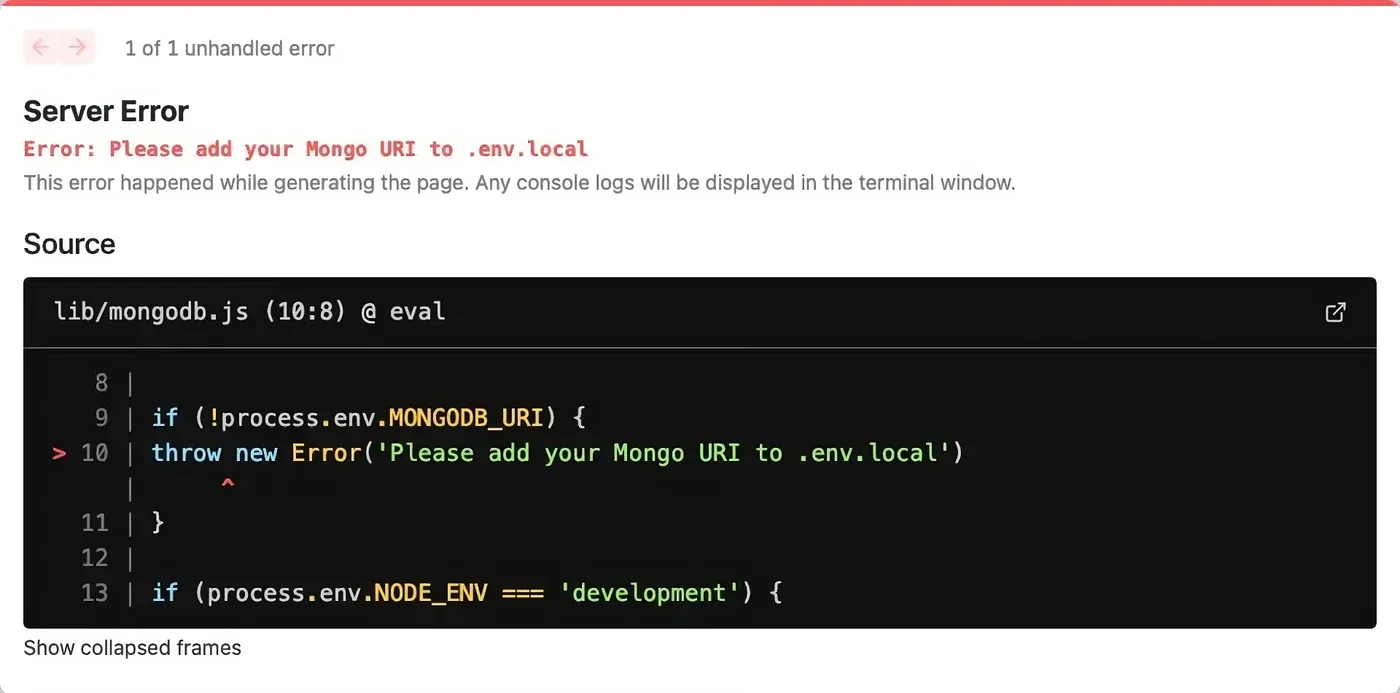 Mensagem de erro do Next.js indicando a variável de ambiente do MongoDB ausente