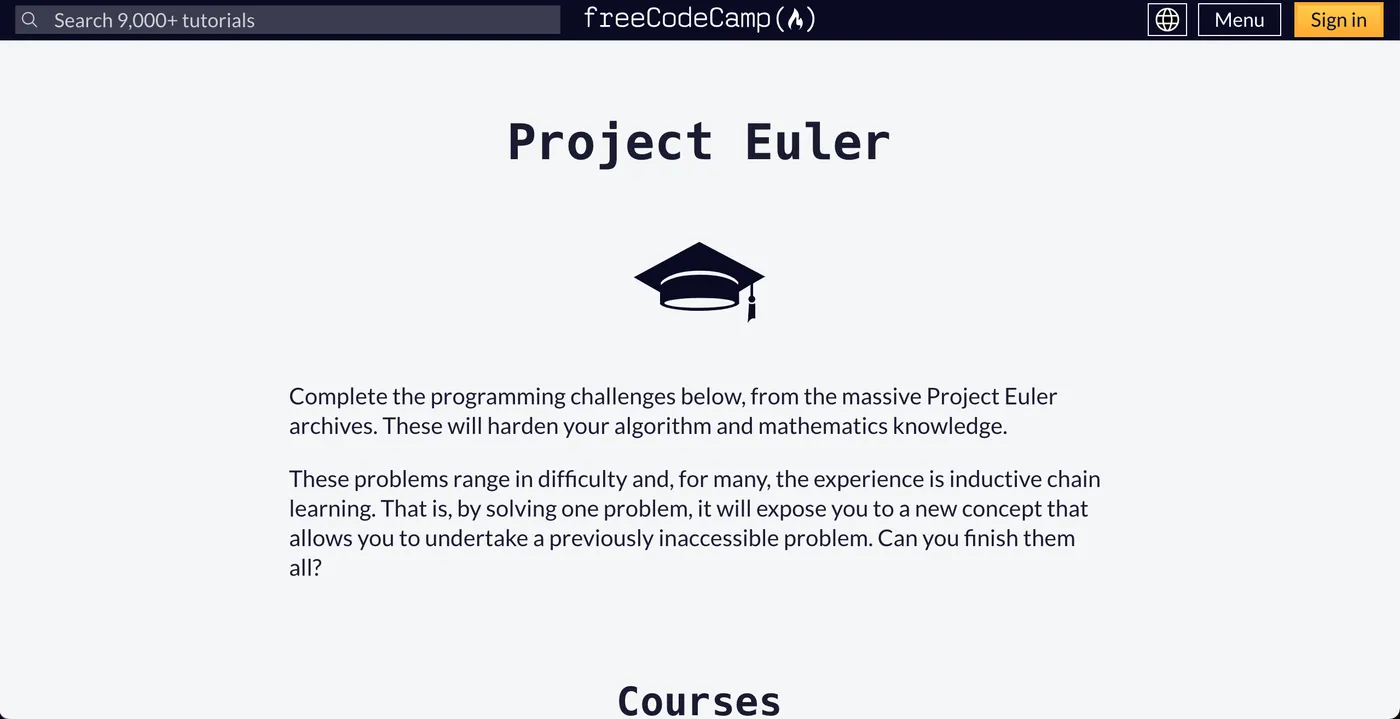 Tela inicial do site Project Euler com problemas de matemática e programação