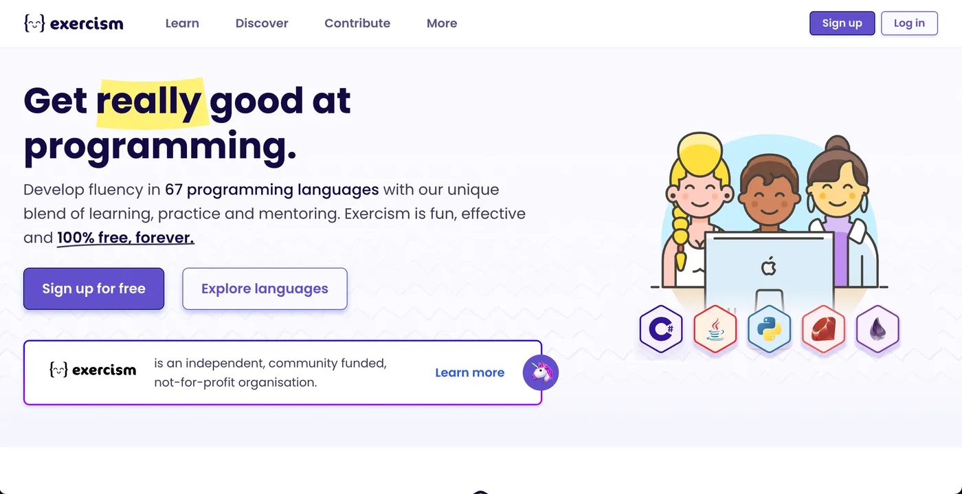 Tela inicial do site Exercism com trilhas de linguagens e mentoria de programação