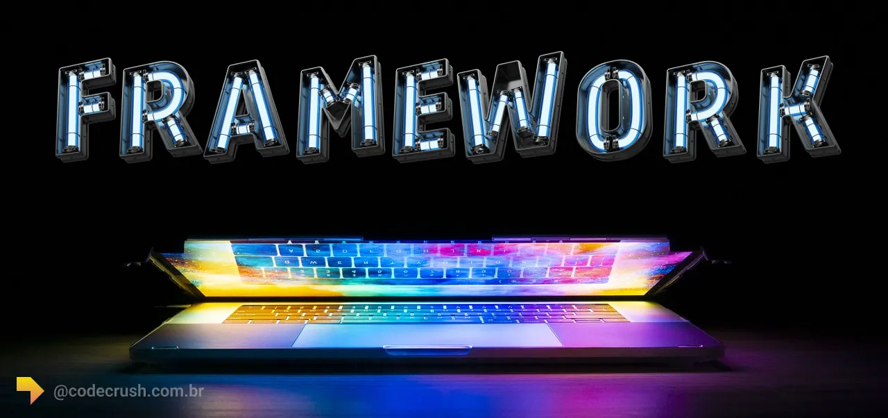 Ilustração de um notbook semi aberto com a palavra Framework escrita em uma font futuristica de metal