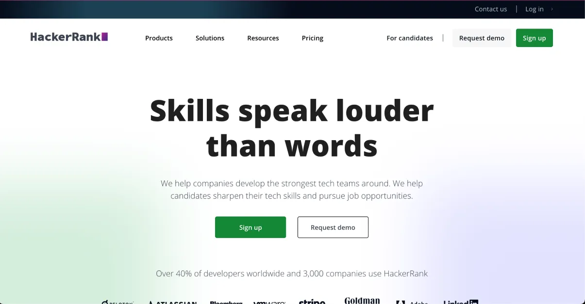 Tela inicial do site HackerRank com trilhas de desafios de programação e algoritmos