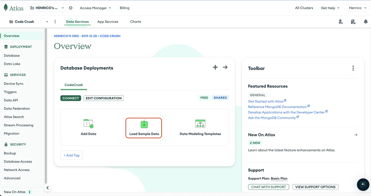Painel do MongoDB Atlas mostrando onde carregar os conjuntos de dados de amostra