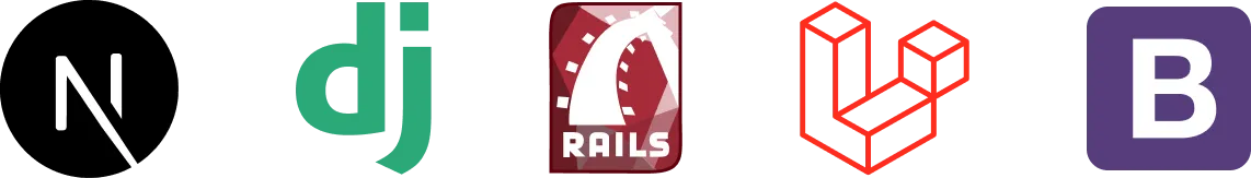 Logotipos dos frameworks web Next.js, Django, Ruby on Rails, Laravel e Bootstrap