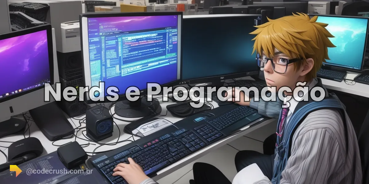 Jovem nerd programando no computador cercado de código, animes e jogos