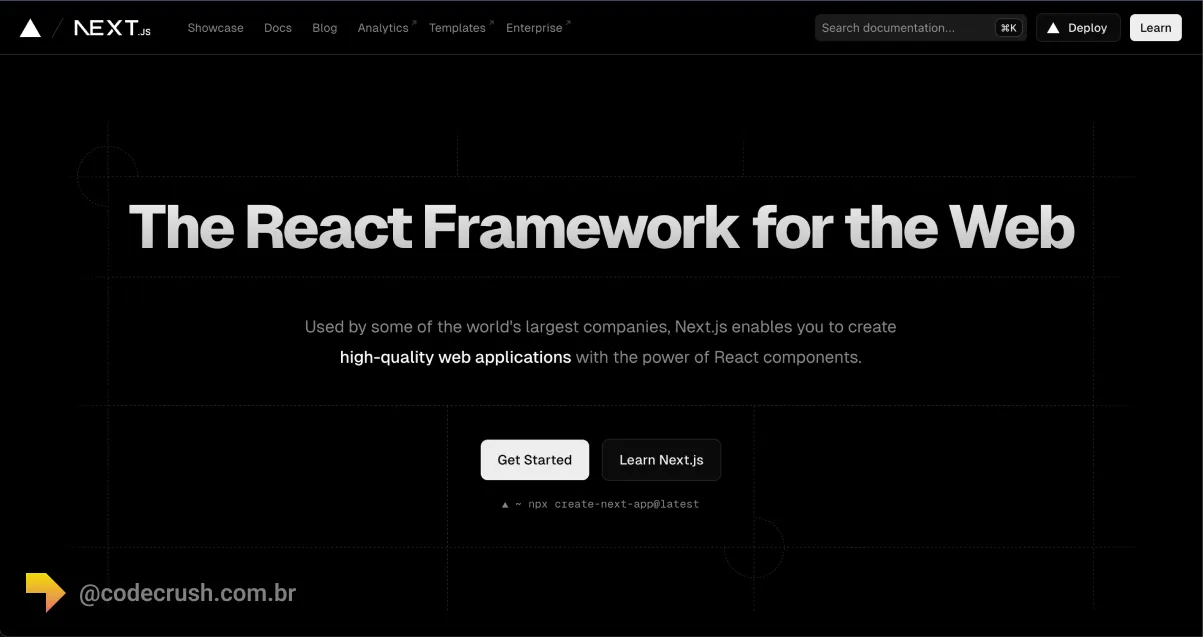 Frame da página oficial do framework Next.js com sua documentação de recursos