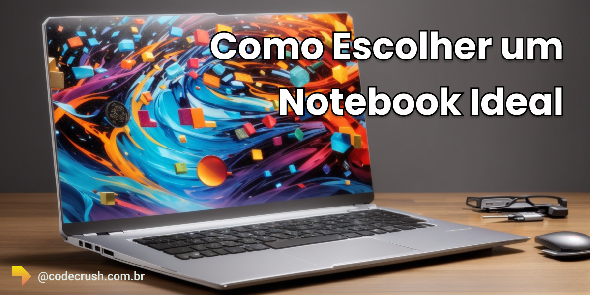 Notbook moderno em cima de uma mesa com um mouse, oculos e chave ao lado. A tela do notbook possui imagens abstratas coloridas.