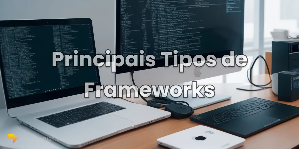 Notebooks e monitores com código de frameworks web e mobile abertos na tela